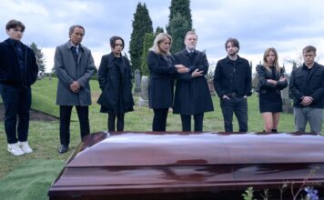 Teo Briones as Charlie, Andrew Tinpo Lee as Marty, Kaitlyn Santa Juana as Stefanie, April Amber Telek as Aunt Brenda, Alex Zahara as Uncle Howard, Richard Harmon as Erik, Anna Lore as Julia, Owen Patrick Joyner as Bobby in Final Destination Bloodlines, directed by Adam Stein and Zach Lipovsky. Photo: Eric Milner. Copyright: Warner Bros. Entertainment Inc. All Rights Reserved.