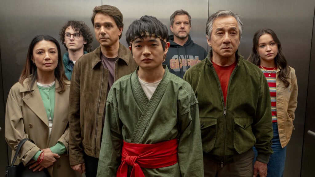 Ming Na Wen, Wyatt Oleff, Ralph Macchio, Ben Wang, Joshua Jackson, Jackie Chan and Sadie Stanley in Karate Kid: Legends, directed by Jonathan Entwistle. Photo: Jonathan Wenk. Copyright: CTMG, Inc. All Rights Reserved.