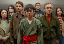 Ming Na Wen, Wyatt Oleff, Ralph Macchio, Ben Wang, Joshua Jackson, Jackie Chan and Sadie Stanley in Karate Kid: Legends, directed by Jonathan Entwistle. Photo: Jonathan Wenk. Copyright: CTMG, Inc. All Rights Reserved.