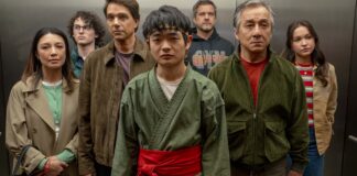 Ming Na Wen, Wyatt Oleff, Ralph Macchio, Ben Wang, Joshua Jackson, Jackie Chan and Sadie Stanley in Karate Kid: Legends, directed by Jonathan Entwistle. Photo: Jonathan Wenk. Copyright: CTMG, Inc. All Rights Reserved.