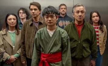 Ming Na Wen, Wyatt Oleff, Ralph Macchio, Ben Wang, Joshua Jackson, Jackie Chan and Sadie Stanley in Karate Kid: Legends, directed by Jonathan Entwistle. Photo: Jonathan Wenk. Copyright: CTMG, Inc. All Rights Reserved.