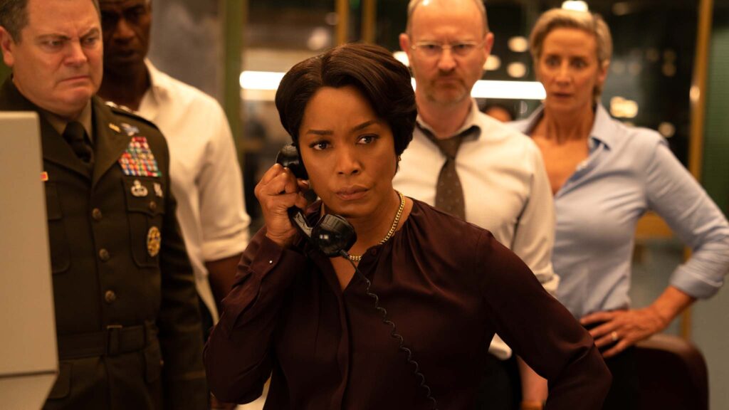 Nick Offerman as General Sidney, Charles Parnell as Richards, Angela Bassett as President Erika Sloane, Mark Gatiss as Angstrom and Janet McTeer as Walters in Mission: Impossible – The Final Reckoning, directed by Christopher McQuarrie. Photo: Giles Keyte. Copyright: Paramount Pictures. All Rights Reserved.