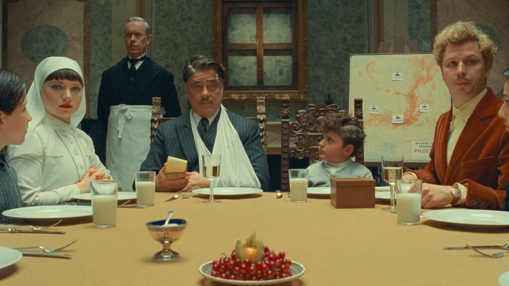 Mia Threapleton as Liesl, Benicio Del Toro as Zsa-zsa Korda and Michael Cera as Bjorn in The Phoenician Scheme, directed by Wes Anderson. Copyright: TPS Productions/Focus Features. All Rights Reserved.