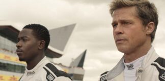 Damson Idris as Joshua Pearce and Brad Pitt as Sonny Hayes in F1: The Movie, directed by Joseph Kosinski. Copyright: 2025 Warner Bros. Entertainment Inc. All Rights Reserved.