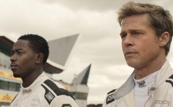 Damson Idris as Joshua Pearce and Brad Pitt as Sonny Hayes in F1: The Movie, directed by Joseph Kosinski. Copyright: 2025 Warner Bros. Entertainment Inc. All Rights Reserved.