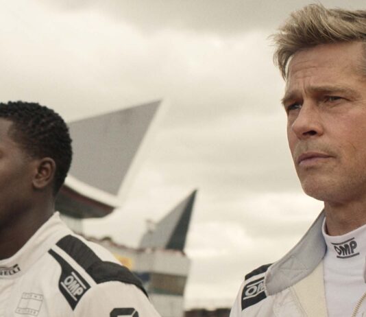 Damson Idris as Joshua Pearce and Brad Pitt as Sonny Hayes in F1: The Movie, directed by Joseph Kosinski. Copyright: 2025 Warner Bros. Entertainment Inc. All Rights Reserved.