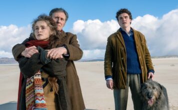 Helena Bonham Carter as Margaret Gore, Gabriel Byrne as Muiris Gore and Dónal Finn as Sean Gore in Four Letters Of Love, directed by Polly Steele. Copyright: Vertigo Releasing. All Rights Reserved.