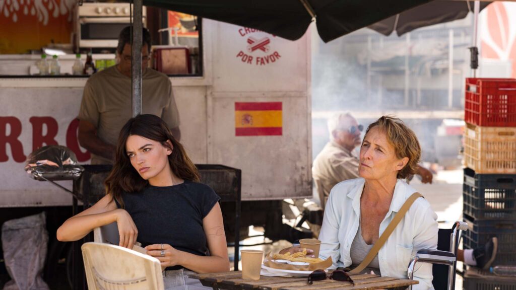 Emma Mackey as Sofia and Fiona Shaw as Rose in Hot Milk, directed by Rebecca Lenkiewicz. Photo: Nikos Nikolopoulos. Copyright: MUBI. All Rights Reserved.