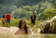 Audrina Miranda as Isabella Delgado, Manuel Garcia-Rulfo as Reuben Delgado, Luna Blaise as Teresa Delgado and David Iacono as Xavier Dobbs in Jurassic World Rebirth, directed by Gareth Edwards. Photo: Jasin Boland. Copyright: Universal Pictures and Amblin Entertainment. All Rights Reserved.