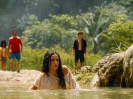 Audrina Miranda as Isabella Delgado, Manuel Garcia-Rulfo as Reuben Delgado, Luna Blaise as Teresa Delgado and David Iacono as Xavier Dobbs in Jurassic World Rebirth, directed by Gareth Edwards. Photo: Jasin Boland. Copyright: Universal Pictures and Amblin Entertainment. All Rights Reserved.