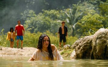 Audrina Miranda as Isabella Delgado, Manuel Garcia-Rulfo as Reuben Delgado, Luna Blaise as Teresa Delgado and David Iacono as Xavier Dobbs in Jurassic World Rebirth, directed by Gareth Edwards. Photo: Jasin Boland. Copyright: Universal Pictures and Amblin Entertainment. All Rights Reserved.