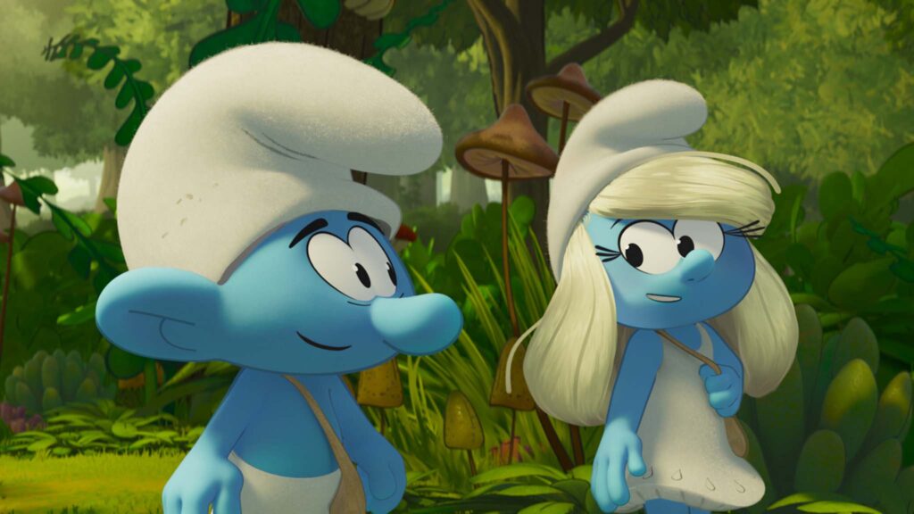 No Name (James Corden) and Smurfette (Rihanna) in Smurfs. TM and Copyright PEYO - 2025 Lic. Lafig B./IMPS. Copyright: Paramount Animation. All Rights Reserved.