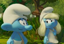 No Name (James Corden) and Smurfette (Rihanna) in Smurfs. TM and Copyright PEYO - 2025 Lic. Lafig B./IMPS. Copyright: Paramount Animation. All Rights Reserved.