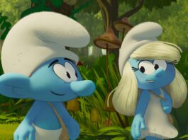 No Name (James Corden) and Smurfette (Rihanna) in Smurfs. TM and Copyright PEYO - 2025 Lic. Lafig B./IMPS. Copyright: Paramount Animation. All Rights Reserved.