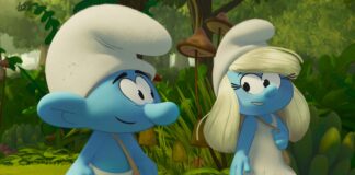 No Name (James Corden) and Smurfette (Rihanna) in Smurfs. TM and Copyright PEYO - 2025 Lic. Lafig B./IMPS. Copyright: Paramount Animation. All Rights Reserved.