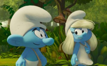 No Name (James Corden) and Smurfette (Rihanna) in Smurfs. TM and Copyright PEYO - 2025 Lic. Lafig B./IMPS. Copyright: Paramount Animation. All Rights Reserved.