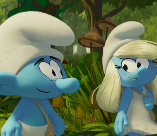 No Name (James Corden) and Smurfette (Rihanna) in Smurfs. TM and Copyright PEYO - 2025 Lic. Lafig B./IMPS. Copyright: Paramount Animation. All Rights Reserved.