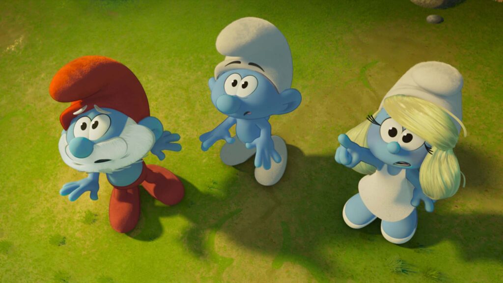 Papa Smurf (John Goodman), No Name (James Corden) and Smurfette (Rihanna) in Smurfs, directed by Chris Miller. Copyright: Paramount Animation. All Rights Reserved. TM & Copyright: Peyo - 2025 Lic. Lafig B./IMPS.