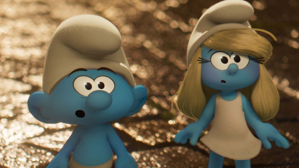 No Name (James Corden) and Smurfette (Rihanna) in Smurfs, directed by Chris Miller. Copyright: Paramount Animation. All Rights Reserved. TM & Copyright: Peyo - 2025 Lic. Lafig B./IMPS.