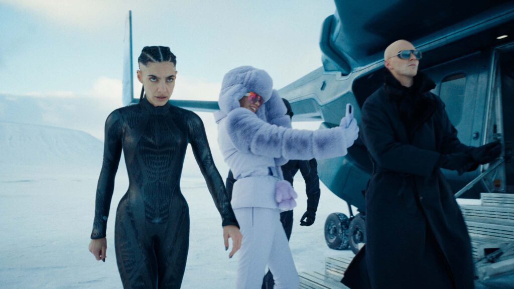 Maria Gabriela De Faria as The Engineer, Sara Sampaio as Eve and Nicholas Hoult as Lex Luthor in Superman, directed by James Gunn. Copyright: Warner Bros. Entertainment Inc. All Rights Reserved. TM & Copyright DC.