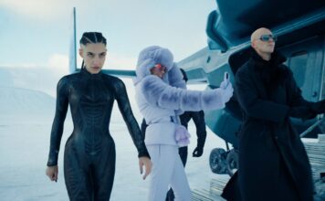 Maria Gabriela De Faria as The Engineer, Sara Sampaio as Eve and Nicholas Hoult as Lex Luthor in Superman, directed by James Gunn. Copyright: Warner Bros. Entertainment Inc. All Rights Reserved. TM & Copyright DC.