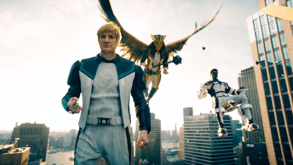 Nathan Fillion as Guy Gardner, Isabela Merced as Hawkgirl and Edi Gathegi as Mr Terrific in Superman, directed by James Gunn. Copyright: Warner Bros. Entertainment Inc. All Rights Reserved. TM & Copyright DC.