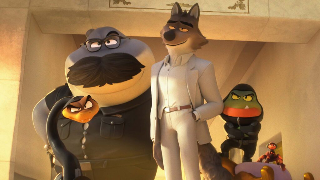 Mr Snake (voiced by Marc Maron), Mr Shark (Craig Robinson), Mr Wolf (Sam Rockwell), Mr Piranha (Anthony Ramos) and Ms Tarantula (Awkwafina) in The Bad Guys 2, directed by Pierre Perifel. Copyright: DreamWorks Animation LLC/Universal Pictures. All Rights Reserved.