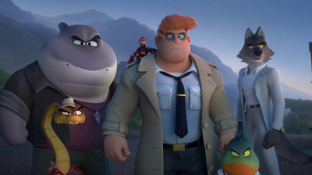 Mr Snake (voiced by Marc Maron), Mr Shark (Craig Robinson), Ms Tarantula (Awkwafina), Chief Misty Luggins (Alex Borstein), Mr Piranha (Anthony Ramos) and Mr Wolf (Sam Rockwell) in The Bad Guys 2, directed by Pierre Perifel. Copyright: DreamWorks Animation LLC/Universal Pictures. All Rights Reserved.