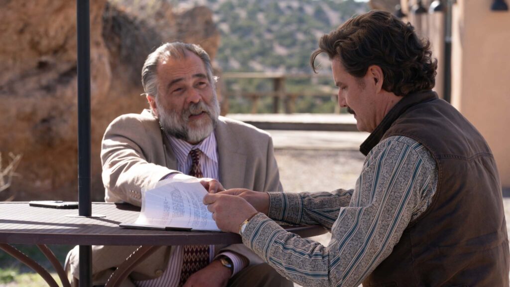 King Orba as Warren and Pedro Pascal as Ted Garcia in Eddington, directed by Ari Aster. Photo: Richard Foreman. Copyright: Joe Cross for Mayor LLC. All Rights Reserved.