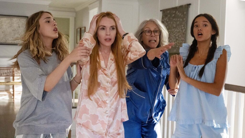 Julia Butters as Harper Coleman, Lindsay Lohan as Anna Coleman, Jamie Lee Curtis as Tess Coleman and Sophia Hammons as Lily Davies in Freakier Friday, directed by Nisha Ganatra. Photo: Glen Wilson. Copyright: Disney Enterprises, Inc. All Rights Reserved.
