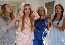 Julia Butters as Harper Coleman, Lindsay Lohan as Anna Coleman, Jamie Lee Curtis as Tess Coleman and Sophia Hammons as Lily Davies in Freakier Friday, directed by Nisha Ganatra. Photo: Glen Wilson. Copyright: Disney Enterprises, Inc. All Rights Reserved.
