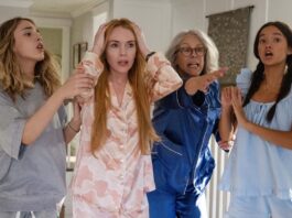 Julia Butters as Harper Coleman, Lindsay Lohan as Anna Coleman, Jamie Lee Curtis as Tess Coleman and Sophia Hammons as Lily Davies in Freakier Friday, directed by Nisha Ganatra. Photo: Glen Wilson. Copyright: Disney Enterprises, Inc. All Rights Reserved.
