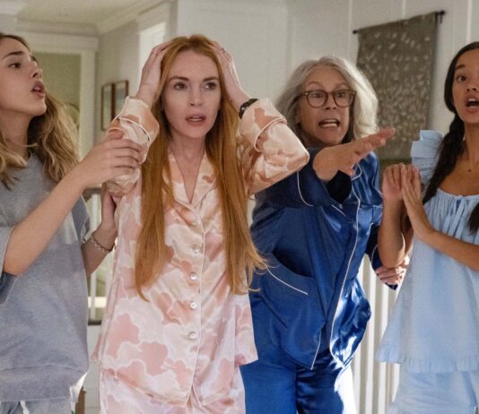Julia Butters as Harper Coleman, Lindsay Lohan as Anna Coleman, Jamie Lee Curtis as Tess Coleman and Sophia Hammons as Lily Davies in Freakier Friday, directed by Nisha Ganatra. Photo: Glen Wilson. Copyright: Disney Enterprises, Inc. All Rights Reserved.