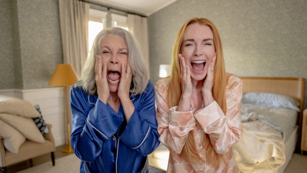 Jamie Lee Curtis as Tess Coleman and Lindsay Lohan as Anna Coleman in Freakier Friday, directed by Nisha Ganatra. Photo: Glen Wilson. Copyright: Disney Enterprises, Inc. All Rights Reserved.