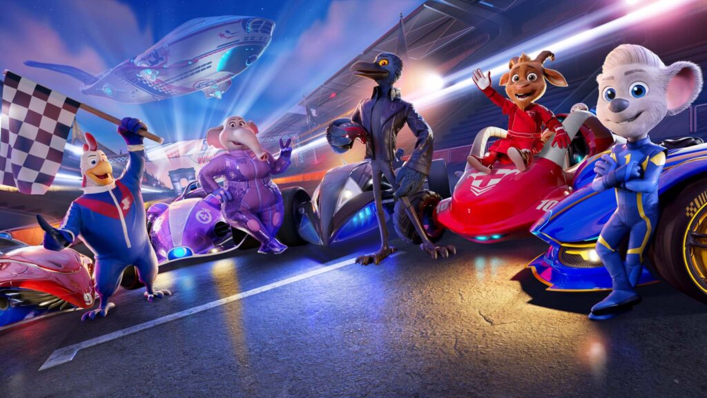 Louis (voiced by Guillaume Laroche), Olivia (Petra Letang), Nachtkrabb (Colin McFarlane), Boeckli (DJ Bobo) and Ed (Thomas Brodie-Sangster) in Grand Prix Of Europe, directed by Waldemar Fast. Copyright: Kazoo Films. All Rights Reserved.