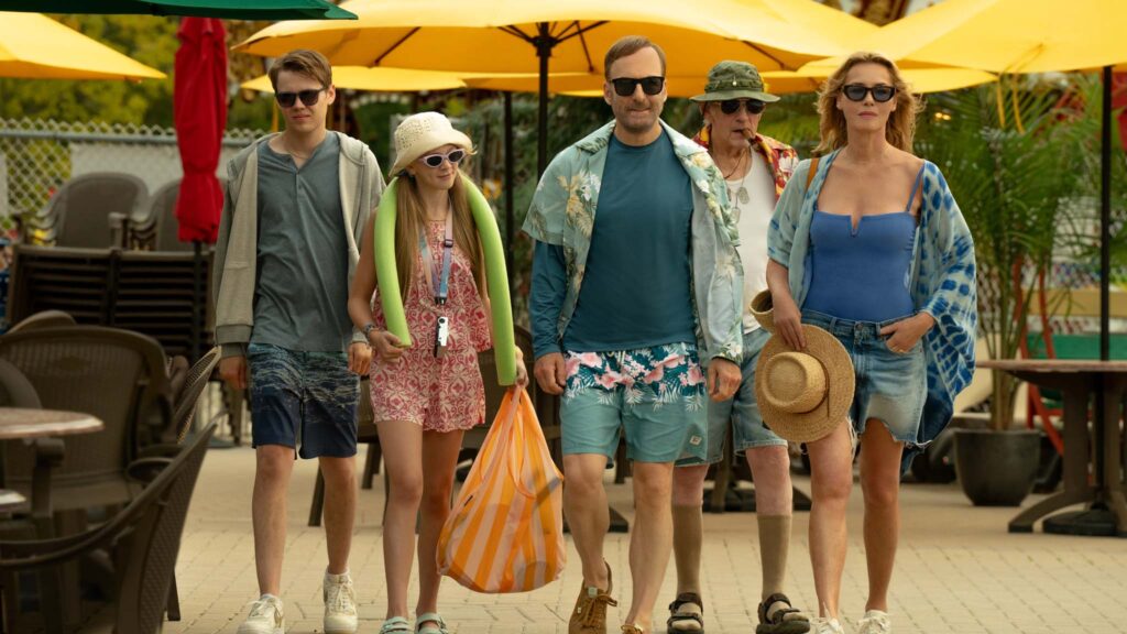 Gage Munroe as Brady Mansell, Paisley Cadorath as Sammy Mansell, Bob Odenkirk as Hutch Mansell, Christopher Lloyd as David Mansell and Connie Nielsen as Becca Mansell in Nobody 2, directed by Timo Tjahjanto. Photo: Allen Fraser. Copyright: Universal Studios. All Rights Reserved.