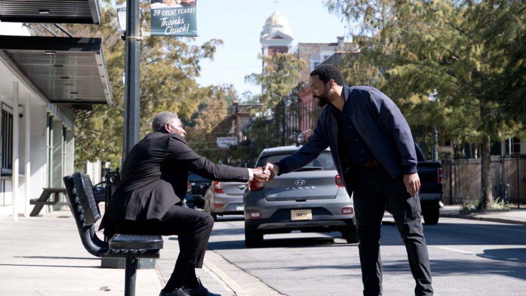 Carl Lumbly as Sam Yarborough and Chiwetel Ejiofor as Marty Anderson in The Life Of Chuck, directed by Mike Flanagan. Photo: Dan Anderson. Copyright: Intrepid Pictures. All Rights Reserved.