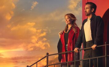 Margot Robbie as Sarah and Colin Farrell as David in A Big Bold Beautiful Journey, directed by Kogonada. Photo: Matt Kennedy. Copyright: CTMG, Inc. All Rights Reserved.