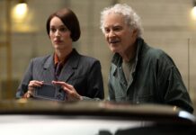 Phoebe Waller Bridge and Kevin Kline as nameless car rental agents in A Big Bold Beautiful Journey, directed by Kogonada. Photo: Matt Kennedy. Copyright: CTMG, Inc. All Rights Reserved.