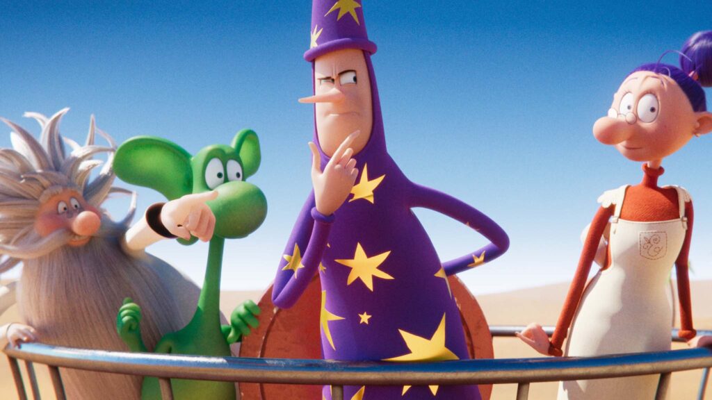 Entomology (voiced by Rachel Butera), Diplo the young Diplodocus (Julian Wanderer), Lord Hocus Pocus (Marc Thompson) and Nervekowsky (Mike Pollock) in Diplo: The Mighty Dinosaur, directed by Wojciech Wawszczyk. Copyright: Signature Entertainment. All Rights Reserved.
