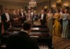 Allen Leech as Tom Branson, Dominic West as Guy Dexter, Robert James-Collier as Thomas Barrow, Douglas Reith as Lord Merton, Sarah Crowden as Lady Manville, Penelope Wilton as Isobel Merton, Paul Giamatti as Harold Levinson, Elizabeth McGovern as Cora Grantham, Michelle Dockery as Lady Mary, Hugh Bonneville as Robert Grantham, Laura Carmichael as Lady Edith and Harry Hadden-Paton as Bertie Hexham in Downton Abbey: The Grand Finale, directed by Simon Curtis. Photo: Rory Mulvey. Copyright: Focus Features LLC. All Rights Reserved.