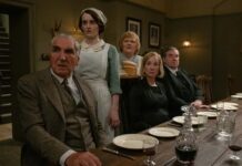 Jim Carter as Mr Carson, Sophie McShera as Daisy Parker, Lesley Nicol as Mrs Patmore, Joanne Froggatt as Anna Bates and Brendan Coyle as Mr Bates in Downton Abbey: The Grand Finale, directed by Simon Curtis. Photo: Rory Mulvey. Copyright: Focus Features LLC. All Rights Reserved.