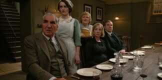 Jim Carter as Mr Carson, Sophie McShera as Daisy Parker, Lesley Nicol as Mrs Patmore, Joanne Froggatt as Anna Bates and Brendan Coyle as Mr Bates in Downton Abbey: The Grand Finale, directed by Simon Curtis. Photo: Rory Mulvey. Copyright: Focus Features LLC. All Rights Reserved.