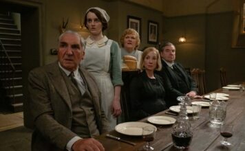 Jim Carter as Mr Carson, Sophie McShera as Daisy Parker, Lesley Nicol as Mrs Patmore, Joanne Froggatt as Anna Bates and Brendan Coyle as Mr Bates in Downton Abbey: The Grand Finale, directed by Simon Curtis. Photo: Rory Mulvey. Copyright: Focus Features LLC. All Rights Reserved.