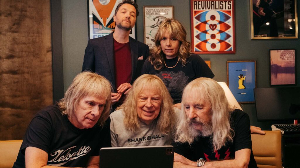 Christopher Guest as Nigel Tufnel, Chris Addison as Simon, Michael McKean as David St Hubbins, Kerry Godliman as Hope and Harry Shearer as Derek Smalls in Spinal Tap II: The End Continues, directed by Rob Reiner. Photo: Kyle Kaplan. Copyright: CTMG, Inc. All Rights Reserved.