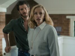 Andrew Garfield as Hank and Julia Roberts as Alma in After The Hunt, directed by Luca Guadagnino. Copyright: Amazon Content Services LLC. All Rights Reserved.