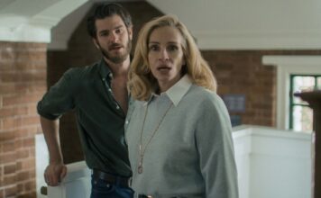 Andrew Garfield as Hank and Julia Roberts as Alma in After The Hunt, directed by Luca Guadagnino. Copyright: Amazon Content Services LLC. All Rights Reserved.