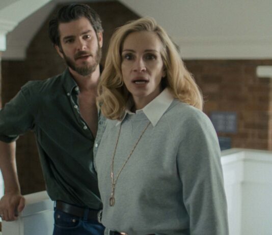 Andrew Garfield as Hank and Julia Roberts as Alma in After The Hunt, directed by Luca Guadagnino. Copyright: Amazon Content Services LLC. All Rights Reserved.