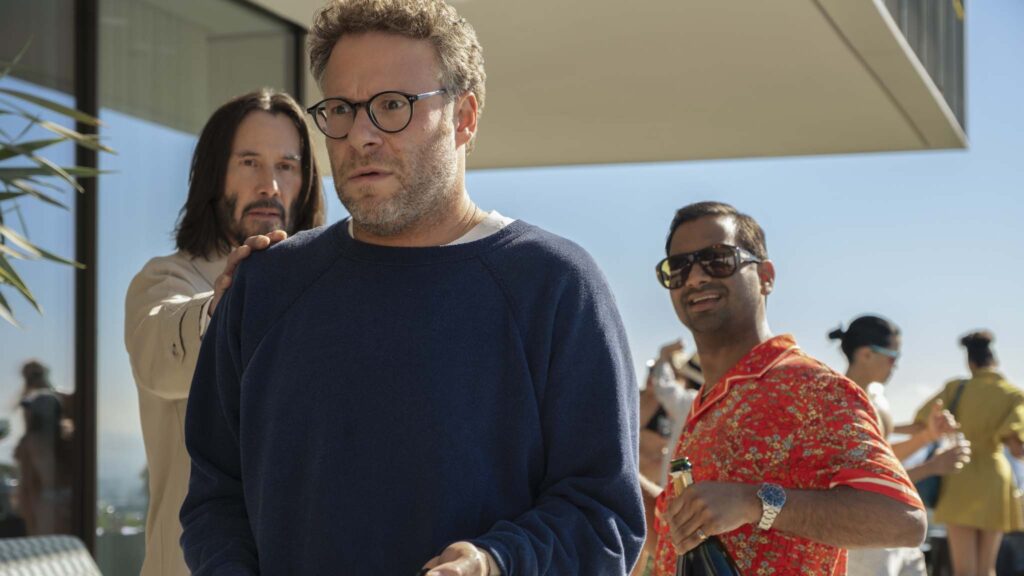 Keanu Reeves as Gabriel, Seth Rogen as Jeff and Aziz Ansari as Ari in Good Fortune, directed by Aziz Ansari. Photo: Eddy Chen. Copyright: Lionsgate. All Rights Reserved.