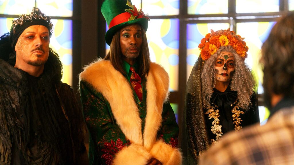 Boy George as Ghost of Christmas Future, Billy Porter as Ghost of Christmas Present and Eva Longoria as Ghost of Christmas Past in Christmas Karma, directed by Gurinder Chadha. Copyright: True Brit. All Rights Reserved.